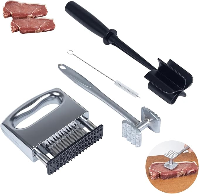 4-Piece Meat Tenderizer Tool – Includes Textured Meat Tenderizer Hammer, Stainless Steel Needle Tenderizer, ABS Mixing Stick & Cleaning Brush – 4-Piece Duty Kitchen Accessories for Steak & Chicken
