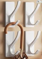 White Self Adhesive Coat Hooks for Hanging, Heavy Duty Stainless Double Wall Hook for Towel, Backpack, Hat, Sturdy Metal Hanger for Bathroom, Bedroom, Door, Wall Mounted, 4-Pack