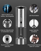USB-C Rechargeable Electric Salt & Pepper Grinder Set - External Adjustable Coarseness (6 Settings), Large Capacity, Dual-Speed Control, One-Hand, LED, Stainless Steel (2 Pack)