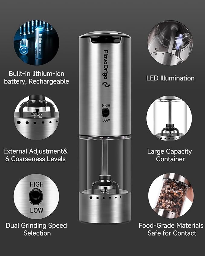 USB-C Rechargeable Electric Salt & Pepper Grinder Set - External Adjustable Coarseness (6 Settings), Large Capacity, Dual-Speed Control, One-Hand, LED, Stainless Steel (2 Pack)