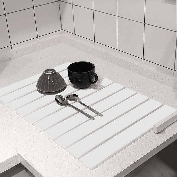 Hopegiver Stone Drying Mat for Kitchen Counter, 23.62"x15.35" Collapsible Quick Dry Dish Drying Mat, Super Absorbent Diatomaceous Earth Mat for Dishes Bottles Cups Bathroom, White with Sanding Block