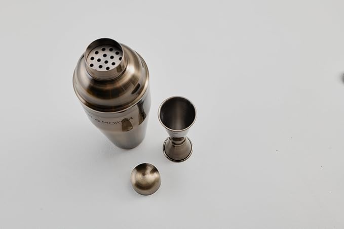 Mint & Mortar Cocktail Shaker Set, 7-Piece Bartender Kit with Stand, 24oz Martini Shaker Bottle Stainless Steel Bar Tools, Home Bar Accessories Drink Mixer, Barware Gift Set - Brushed Gold