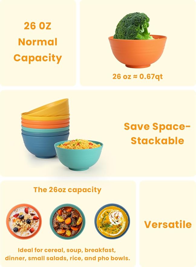 Homienly Plastic Bowls Alternative, Unbreakable Wheat Straw Cereal Bowls 8 PCS - Microwave & Dishwasher Safe Bowl for Cereal, Snack, Rice, Salad, Soup Bowls for Kitchen, Camping, Party(Muliti,26 OZ)