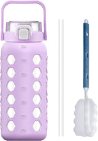 MUKOKO Half Gallon/64 oz Glass Water Bottles with Straw and Lid,Motivational Water Jug with Time Marker Reminder and Silicone Sleeve,100% Leakproof BPA Free Fitness Sports Large Bottle-Purple