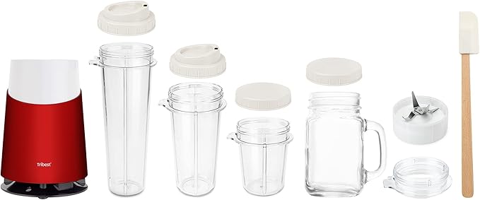 Tribest Mason Jar Ready Personal Blender 2 with Mason Jar Blending Mug, Red