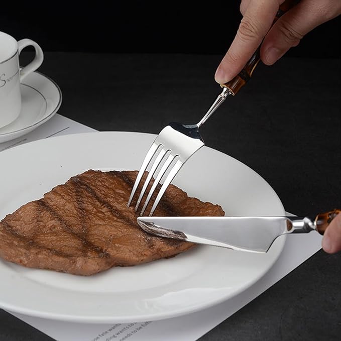 Wood Bamboo Silverware Set for 14 Cutlery Flatware Set Elegant Tableware Stainless Steel Cutlery Utensil Sets for Home Kitchen Restaurant Wooden Handle Dishwasher Safe 56 Pieces