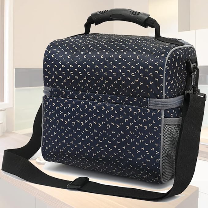 FlowFly Double Layer Cooler Insulated Lunch Bag Adult Lunch Box Large Tote Bag for Men, Women, With Adjustable Strap,Front Pocket and Dual Large Mesh Side Pockets