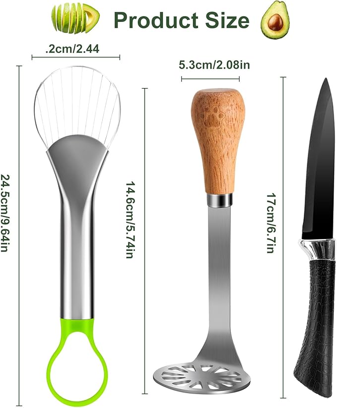 Avocado Slicer Tool,Stainless Steel Avocado Cutter Tool Set,Contains Avocado Knife,Avocado Masher and Fruit Knife,Used for Avacado Cutting and Peeling,is the Essential Masher Kitchen Tool.