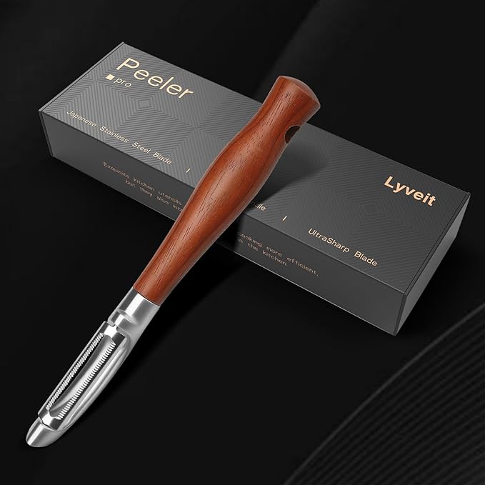 Peeler, Japanese Stainless Steel Blade with Non-Slip Real Wood Handle, Ultra Sharp Potato Peeler for Kitchen, Apple, Cucumber & Carrot I-Shaped Peeler – Serrated Blade