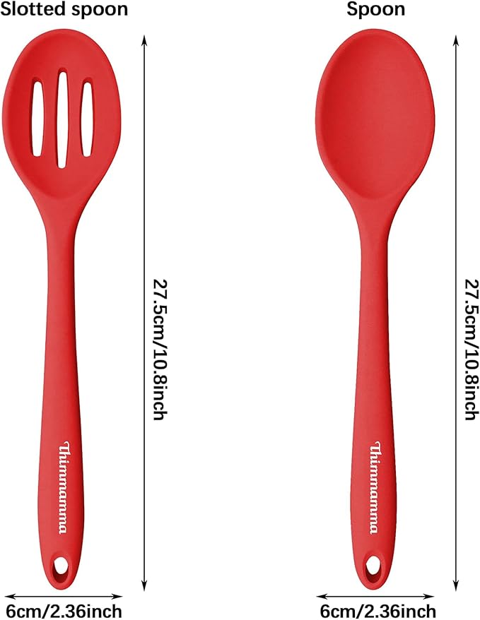 Silicone Spoons for Cooking, Heat Resistant Slotted Solid Silicone Kitchen Spoons Set, Red BPA Free Mixing Spoons Basting Spoon Stirring Spoon for Nonstick Cookware, 4 Pack