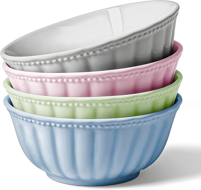 Ceramic Soup Serving Bowls for Kitchen, 6.4 Inch, Set of 4, Cereal Bowl Porcelain, Oven & Microwave Safe, Mixing Color