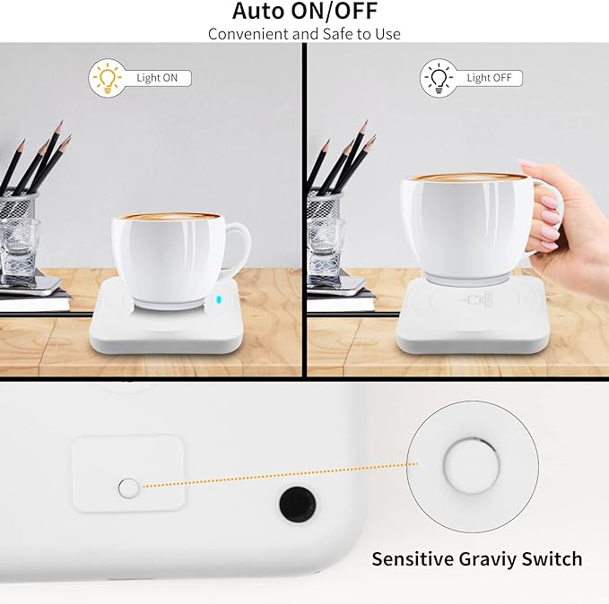USB Coffee Mug Warmer: Candle Wax Warmer Smart Electric Cup Warmer Charge for Phone Home Desk Office Use Beverage Heating Plate with Gravity Switch for Hot Cocoa Milk Tea Water White