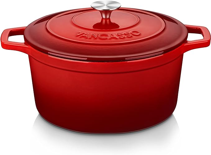 vancasso Enameled Cast Iron Dutch Oven, 7.5 QT Dutch Oven Pot with Lid, Round Enamel Dutch Oven for Bread Baking, Non Stick Enamel Coating, Pot's Body Cast Iron, Red