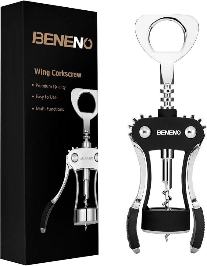 Beneno Wine Opener, Zinc Alloy Premium Wing Corkscrew with Multifunctional Bottles Opener, Sharp Wine Corkscrew with Ergonomic Non-Slip Wing Handle, Upgrade Black