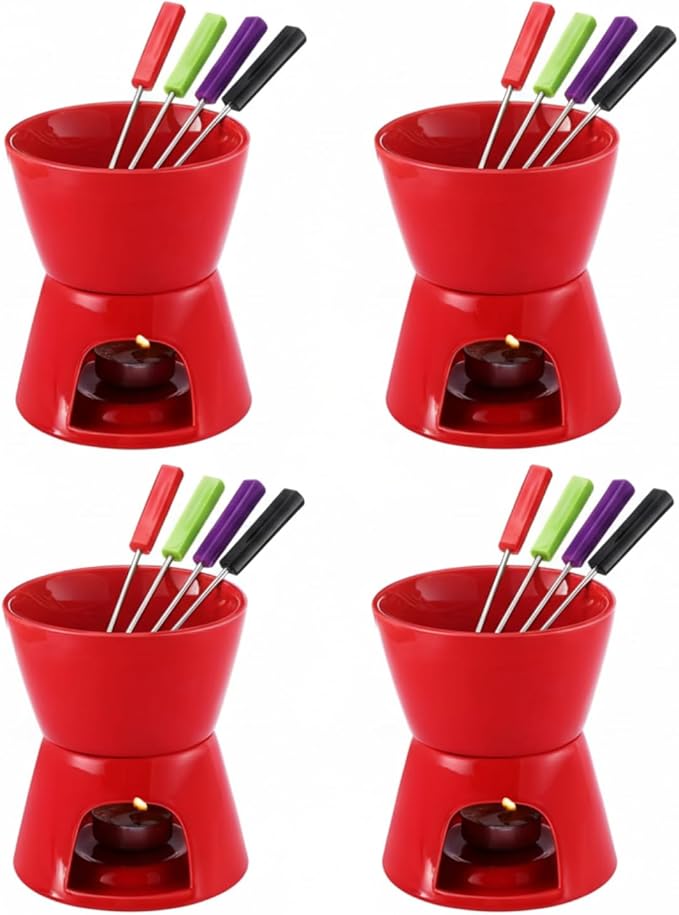 Nuogo 4 Pcs Fondue Pot Set Mini Melting Bowl Set with 16 Pcs Mini Forks for Cheese, Chocolate, Tapas, Butter and Caramel (Red)