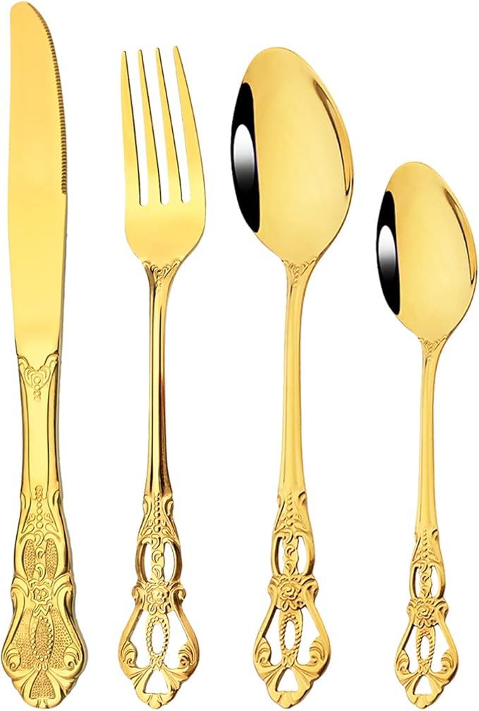 Royal 24-piece Gold Mirror Silverware Dinnerware, 18/10 Stainless Steel Luxury Flatware Service For 6 Tableware Ideal For Wedding Home Restaurant, Dishwasher Safe