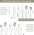 HIKAA 45-Piece Silverware Set with Organizer, Heavy Duty Stainless Steel Flatware for 8, Cutlery Utensil Sets with Serving Utensils, Mirror Polished, Dishwasher Safe