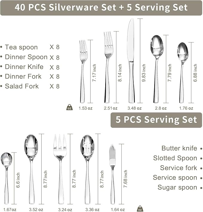HIKAA 45-Piece Silverware Set with Organizer, Heavy Duty Stainless Steel Flatware for 8, Cutlery Utensil Sets with Serving Utensils, Mirror Polished, Dishwasher Safe