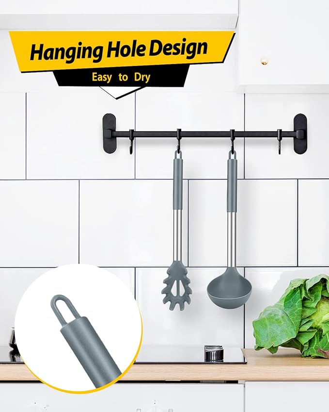 Silicone Pasta Fork and Ladle Spoon Set, Large Non Stick Kitchen Utensils for Cooking,Stirring,Serving Spaghetti, Soup, Sauce (GRAY)