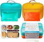 kinsho Bento Box with Lunch Bag and Ice Pack Set | Two Boxes, insulated Bags, Cold Packs for Kids Adults, Value Meal Containers for School Lunches or Snack, 6 Compartments BPA Free, Teal and Orange