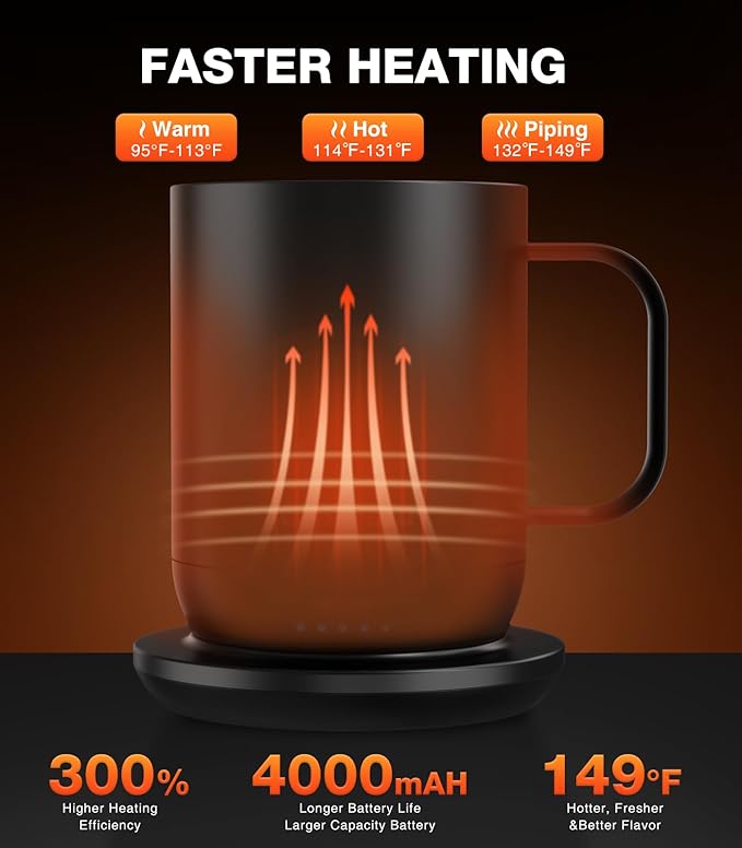 Self Heating Coffee Mug T1-16oz Fast Heating & Ultra Long-Lasting Battery Life, Heated Coffee Mug Up to 149℉ - Touch & App Controlled Coffee Mug, Birthday Gifts for Women and Men
