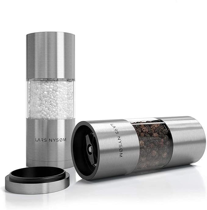LARS NYSØM Salt and Pepper Grinder Set I Salt and Pepper Mills with Adjustable Ceramic Grinder 2 pieces I Manual Design Spice Mill Set (Stainless Steel)