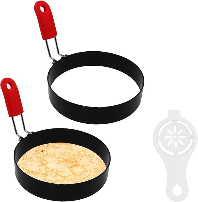 4 Inch Small Egg Rings for Frying Eggs with Foldable Handle, 2 Pack Stainless Steel Round Egg Shaper, Eggs Mcmuffin Ring Mold for Camping Pancake Sandwiches
