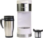 Koolatron Kenmore Single Serve Coffee Maker & Stainless Steel Travel Mug, Capsule/Pod & Ground Coffee Brewing, K Cup Compatible, Hot & Iced Coffee Machine, 6 to 14 Oz Brew Sizes, Auto Shut-Off, White