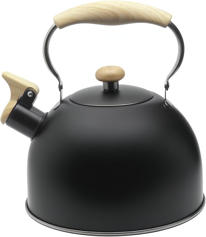 Lily's Home Whistling Tea Kettle, Teapot for Stovetop, Pleasant Whistle Sound, Heat Resistant Plastic Handle – Faux Wood Finish, Non Toxic Stove Kettle for Boiling Water - 2.5 Quarts (Black)
