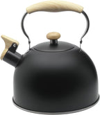 Lily's Home Whistling Tea Kettle, Teapot for Stovetop, Pleasant Whistle Sound, Heat Resistant Plastic Handle – Faux Wood Finish, Non Toxic Stove Kettle for Boiling Water - 2.5 Quarts (Black)