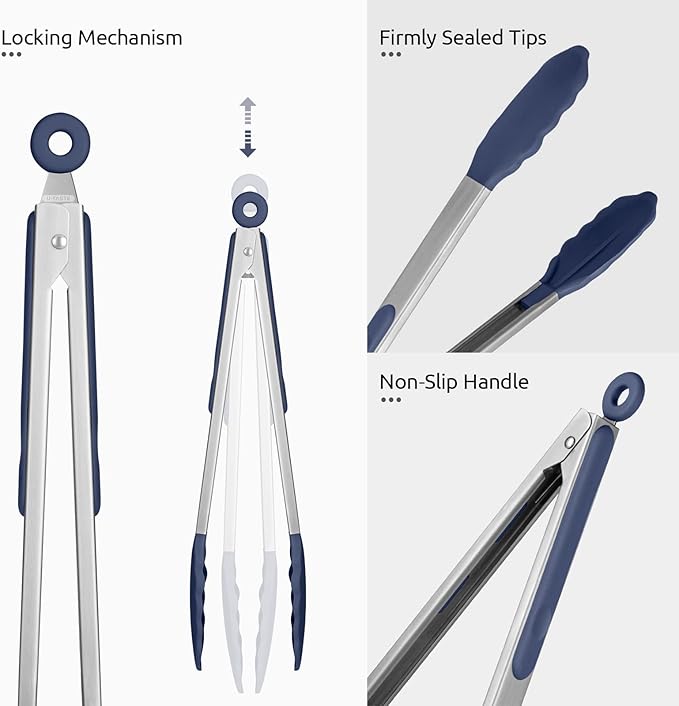 600ºF Heat Resistant Kitchen Tongs: U-Taste 12 inch Large Silicone Cooking Tong with Non Stick Rubber Tips & Silicon Coated 18/8 Stainless Steel Handle & Smooth Lock for Serving Grill (Midnight Blue)