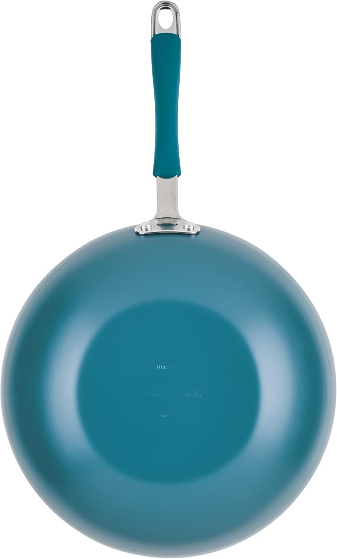 Rachael Ray Cucina Ceramic Nonstick Stir Fry Pan and Lid, 11 Inch Non Stick Wok Pan, Dishwasher Safe - Marine Blue