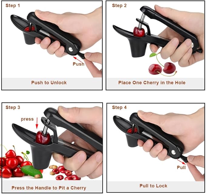 Cherry Pitter, Stainless Steel Olive and Cherries Pitters Corer Tool with Space-Saving Lock Design, Multi-Function Fruit Pit Remover for Cherry Jam (Black)