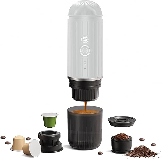 Portable Electric Espresso Machine, Travel Coffee Maker for Camping, Car Coffee Maker Self-Heating with USB-C, With Ground Coffee & NS Capsule for RV, Hiking, Office (White)