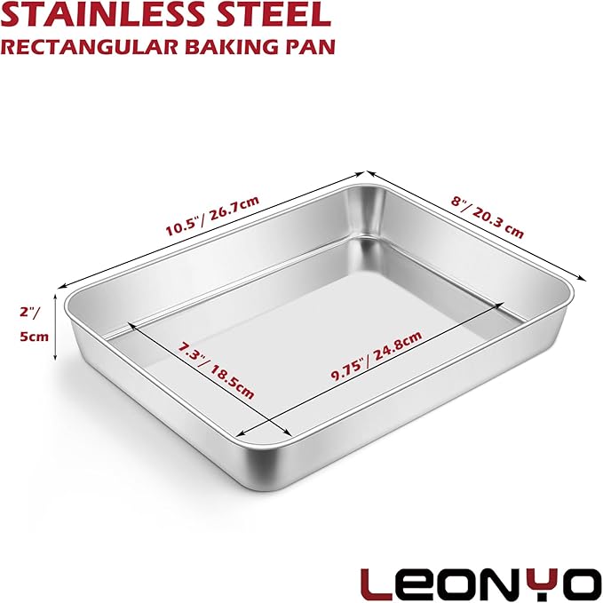 Leonyo Rectangular Cake Pan for Baking, 10.5 x 8 x 2 Inch Stainless Steel Baking Sheet Tray, Deep Lasagna Pan for Toaster Oven, Focaccia, Fish, Chicken, Casserole Dish