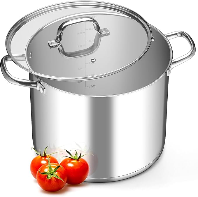 Leonyo 14 Quart Stock Pot with Lid, Stainless Steel StockPot with Lid, Tri-ply Bottom Induction Cooking Pot for Cooking, All Stove Compatible Up to 600℉ Soup Pot for Canning, Boiling, Simmer