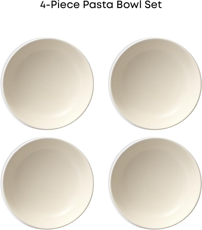 JoyJolt Mesa 30oz Stoneware Pasta Bowls Set of 4, Salad and Serving Bowl for Kitchen, Oatmeal, Soup, Dinner - Matte Linen White, Dishwasher and Microwave Safe, Wide and Shallow Plate
