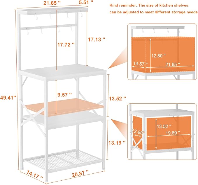 Kitchen Bakers Rack with Storage Shelves, Small Coffee Bar Cart with 8 Hooks, 4 Tiers Microwave Stand Station with Adjustable Shelves, Freestanding Kitchen Appliance Organizer, White