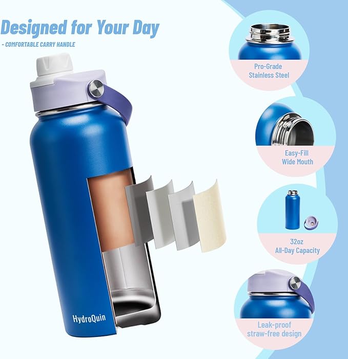 32oz Water Bottle with Comfort Grip Handle, Gym Water Bottle, Insulated Steel Water Bottle with Wide Mouth, No Straw