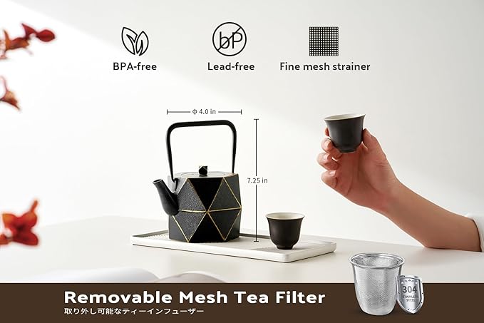 Toptier Cast Iron Teapot, Stovetop Safe Japanese Cast Iron Tea Kettle, Diamond Design Tea Pot with Removable Infuser for Loose Tea, 30 Ounce (900 ml), Black