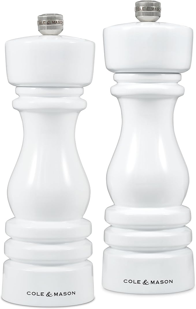 Cole & Mason London Refillable Spice Mill - Kitchen & Home Accessory - Salt & Pepper Grinder Set - Salt Mill with Ceramic Mechanism - Pepper Mill with Carbon Steel Mechanism - 7", White Gloss
