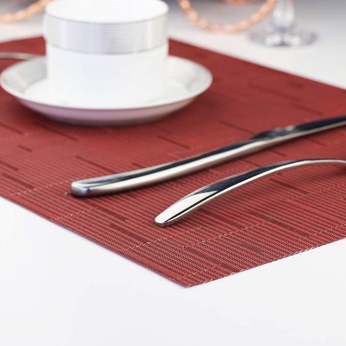 PIGCHCY Placemats,Washable Durable Vinyl Woven Table Mats,Elegant Heat Resistant Placemats for Dining Table Set of 4 (18 x 12 inches,Burgundy Red)