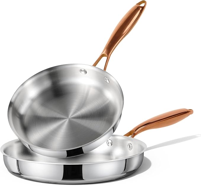 CAROTE 8"+10" Stainless Steel Frying Pan Set, Non-Toxic PTFE & PFOA Free Fry Pan & Omelet Pan, Oven Safe, Compatible with Induction, Ceramic, Gas Cooktops, Silver