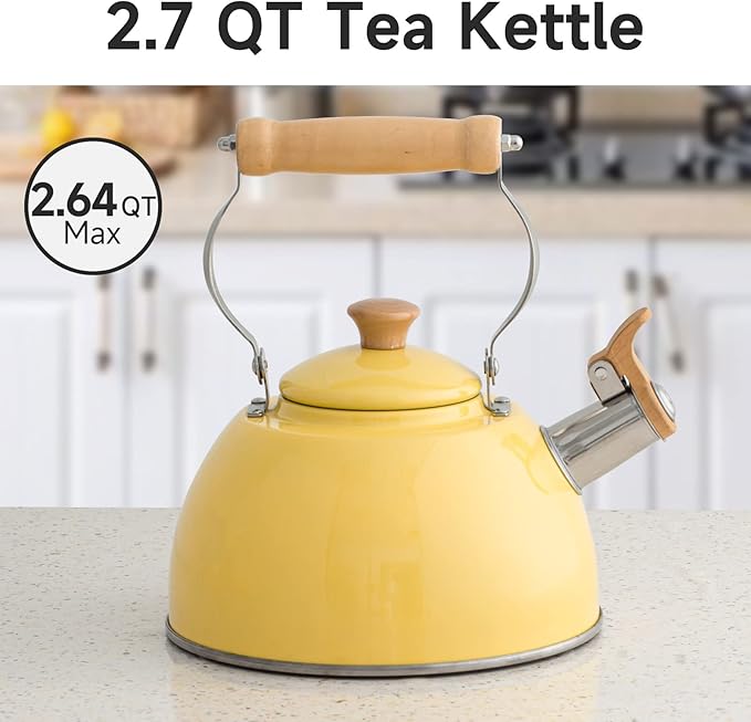 ROCKURWOK Tea Kettle, Tea Pot with Cool Touch Ergonomic Handle, Teapot Food Grade Stainless Steel, Tea Kettle Stovetop, Kettle Teapot, Whistling Tea Kettle, Tea Pot, 2.7 Quart (Yellow)