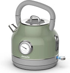 Amaste Electric Kettle, Retro Electric Tea Kettle with Thermometer, 57 Oz Hot Water Kettle for Coffee & Tea, 304 Stainless Steel, 1500W Fast Boiling, Auto Shut-Off & Boil Dry Protection, Matcha Green