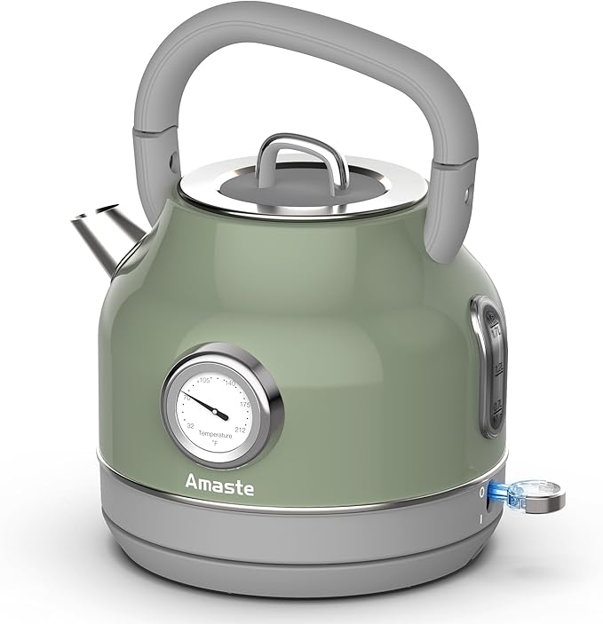 Amaste Electric Kettle, Retro Electric Tea Kettle with Thermometer, 57 Oz Hot Water Kettle for Coffee & Tea, 304 Stainless Steel, 1500W Fast Boiling, Auto Shut-Off & Boil Dry Protection, Matcha Green
