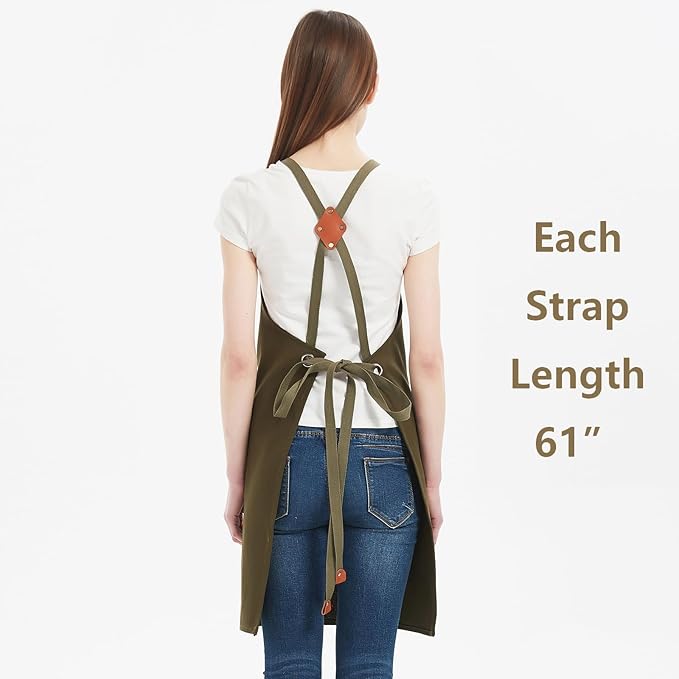 AFUN Chef Aprons for Women Men with Large Pockets, Cotton Canvas Cross Back Water Repellent Work Apron, Size M to XXL (Greygreen)