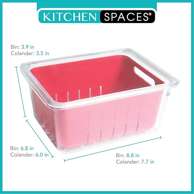 Kitchen Spaces KSCB12-AMZ Colander Bin Stackable Food Storage Organizer for Fridge, Freezer, and Pantry, 8.8" x 6.8" x 3.9", Red & Clear