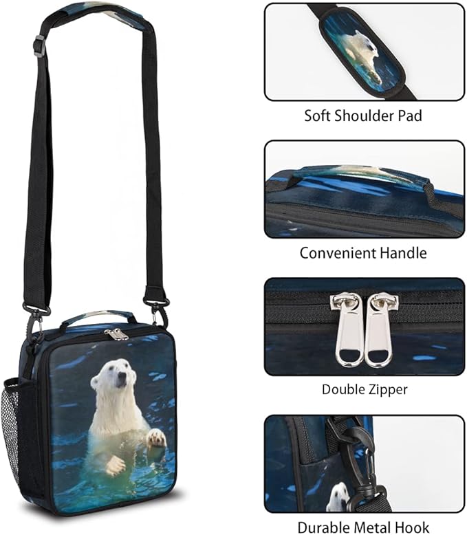 Insulated Lunch Bag for Kids Boys Girls, Cute Polar Bear Lunch Box with Shoulder Strap, Durable Reusable Waterproof Thermal Cooler Bag for School Work Picnic Travel Meal Prep Bag