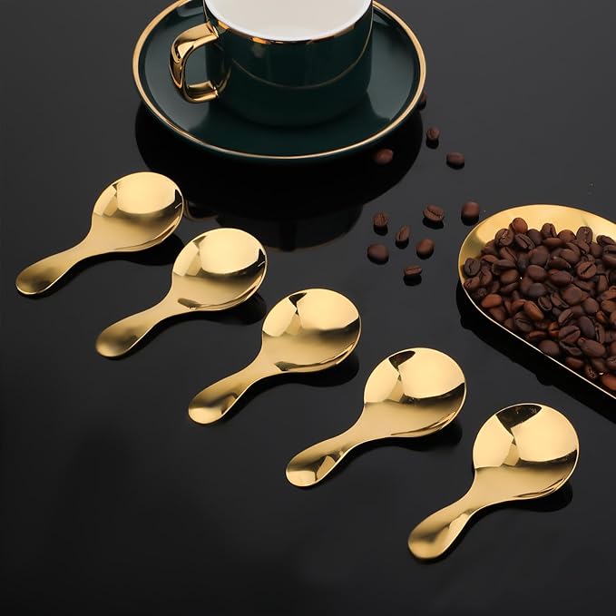 5 PCS Short Handle Spoons Gold Mini Scoops Stainless Spoons for Canisters Small Coffee Scoops Candy Scoops for Condiments Tea Desserts Coffee